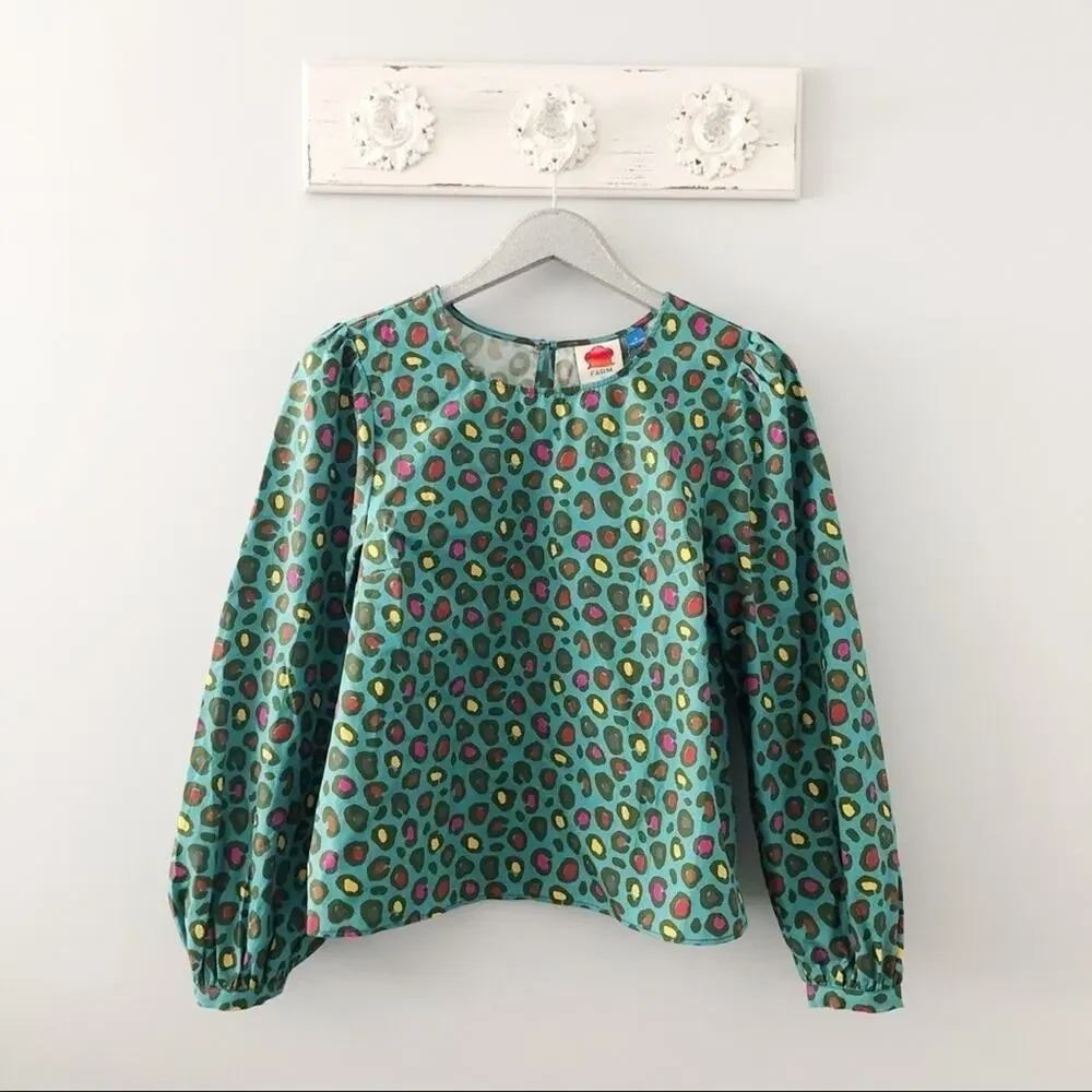 Anthropologie x Farm Rio Hanya Puff Sleeve Blouse Turquoise Colorful Leopard NEW